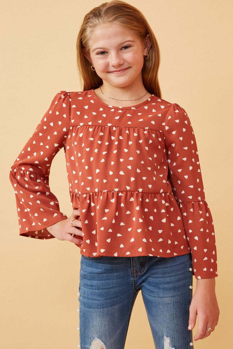 HAYDEN Sydney Rose Tiered Puff Shoulder Top with Hearts and Bell Sleeves Large